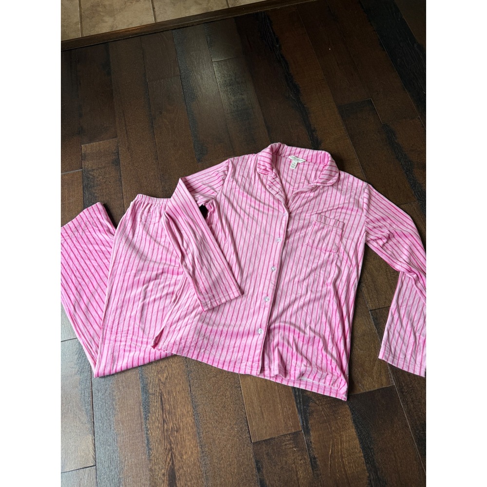 Laura Ashley Pajama Set Size M Pink Striped Velour Loungewear Sleepwear